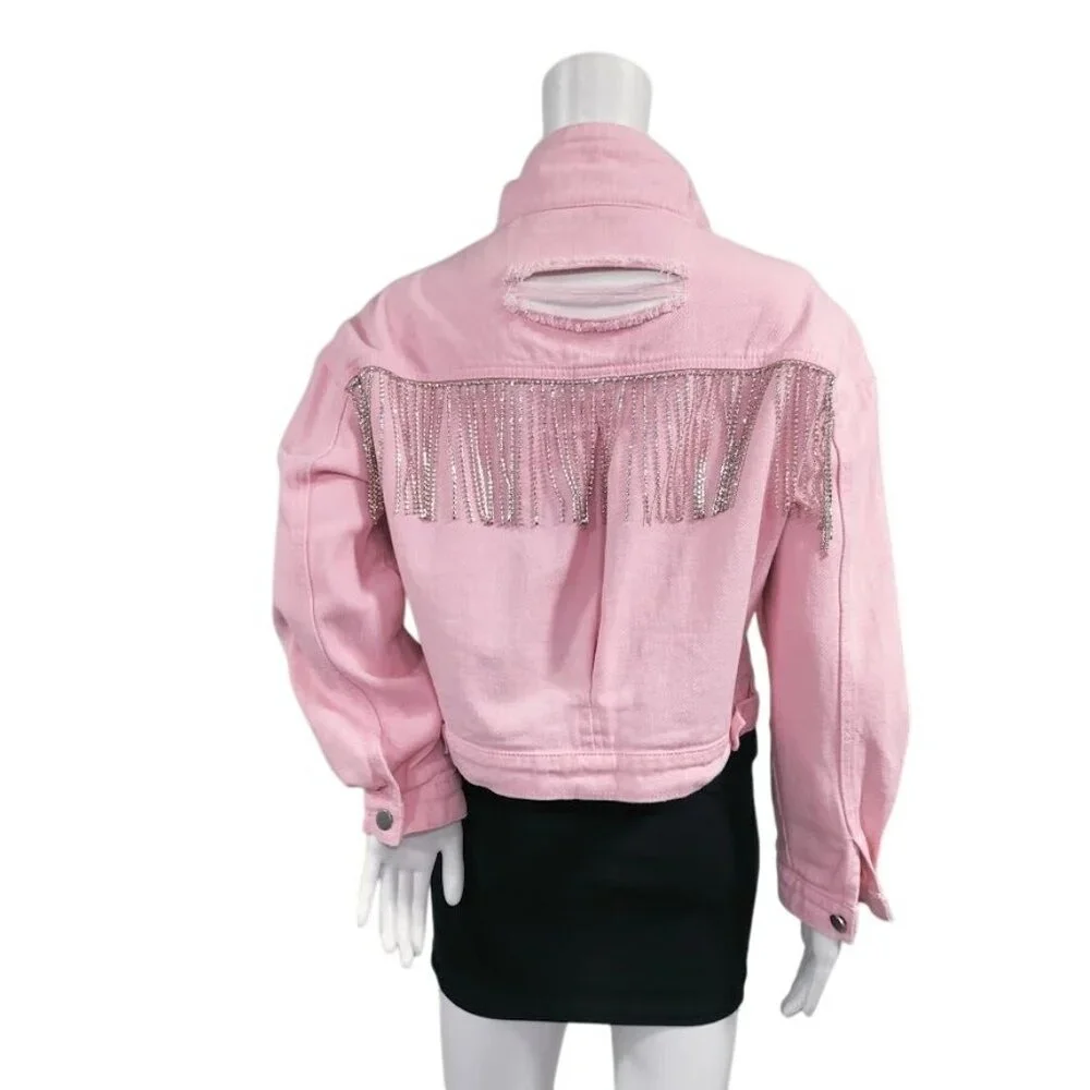 Veveret Cowboy Carter Prairie Coachella Crop Distressed Fringe Jacket Pink Small - Picture 1 of 13